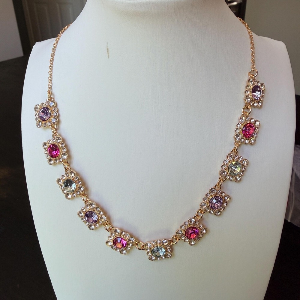 Vtg Monet Pink Lavender Crystal Floral Necklace Sample One of a Kind Gold Tone